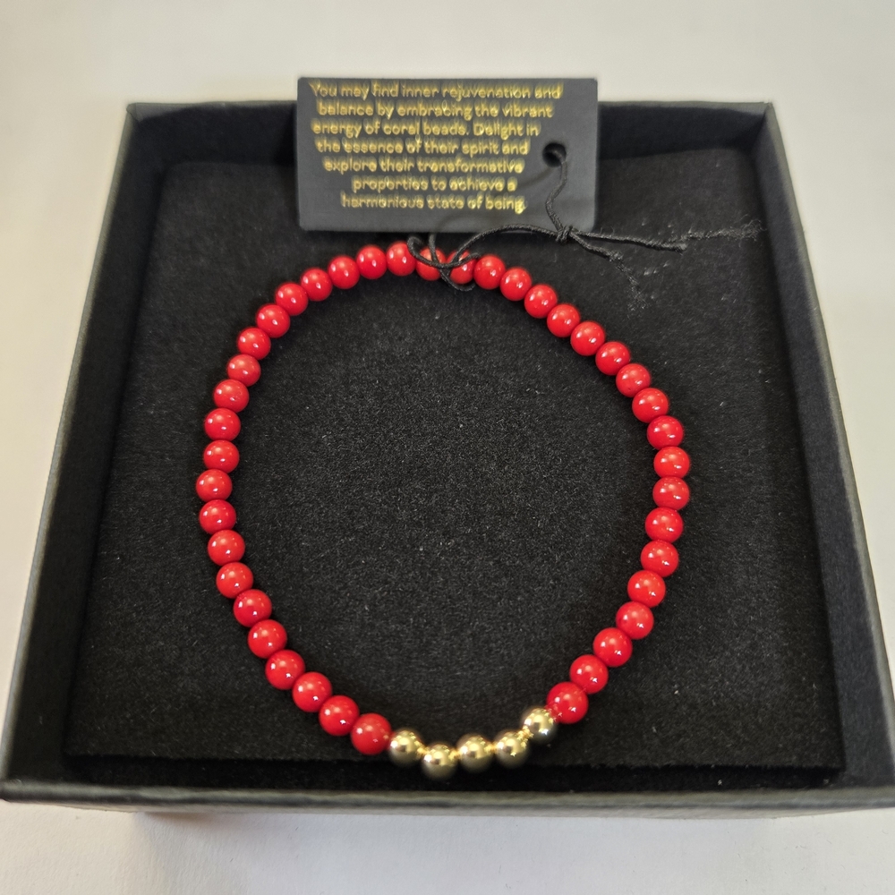 14kt Solid Yellow Gold Genuine Red Coral Bracelet - Picture 3 of 6